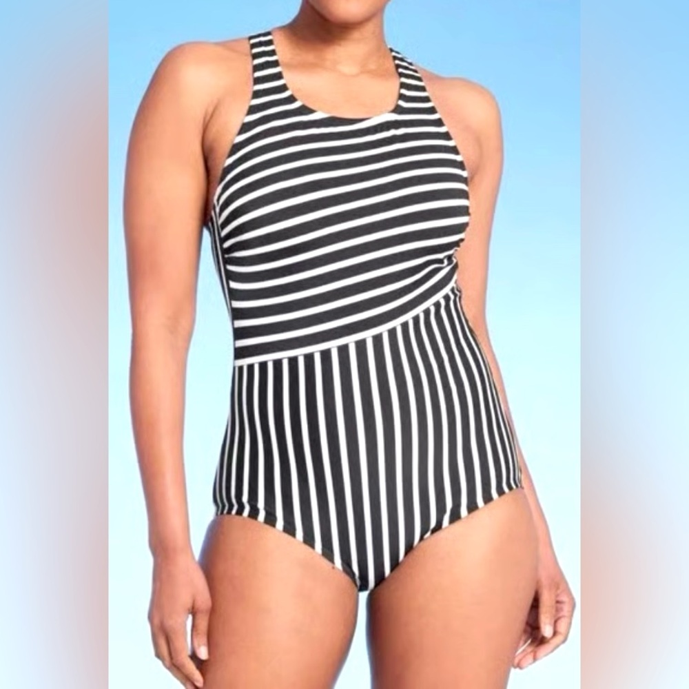 New Lands’ End Black and White Striped Swimsuit